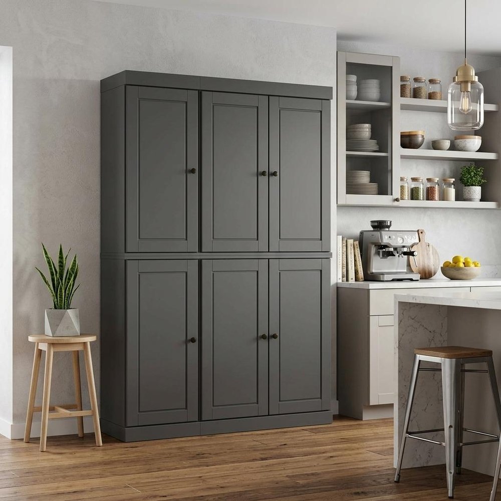 72" Gray Solid Wood Six Door Two Drawer Pantry Or Storage Closet