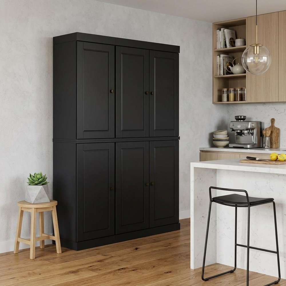 72" Black Solid Wood Six Door Two Drawer Pantry Or Storage Closet