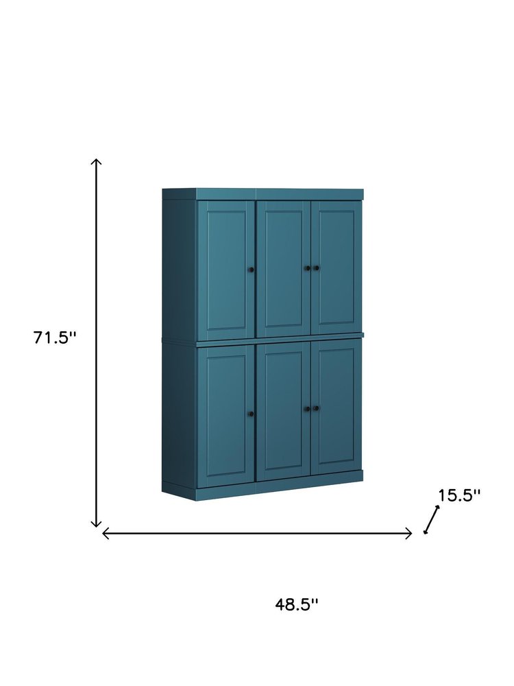 72" Teal Blue Solid Wood Six Door Two Drawer Pantry Or Storage Closet