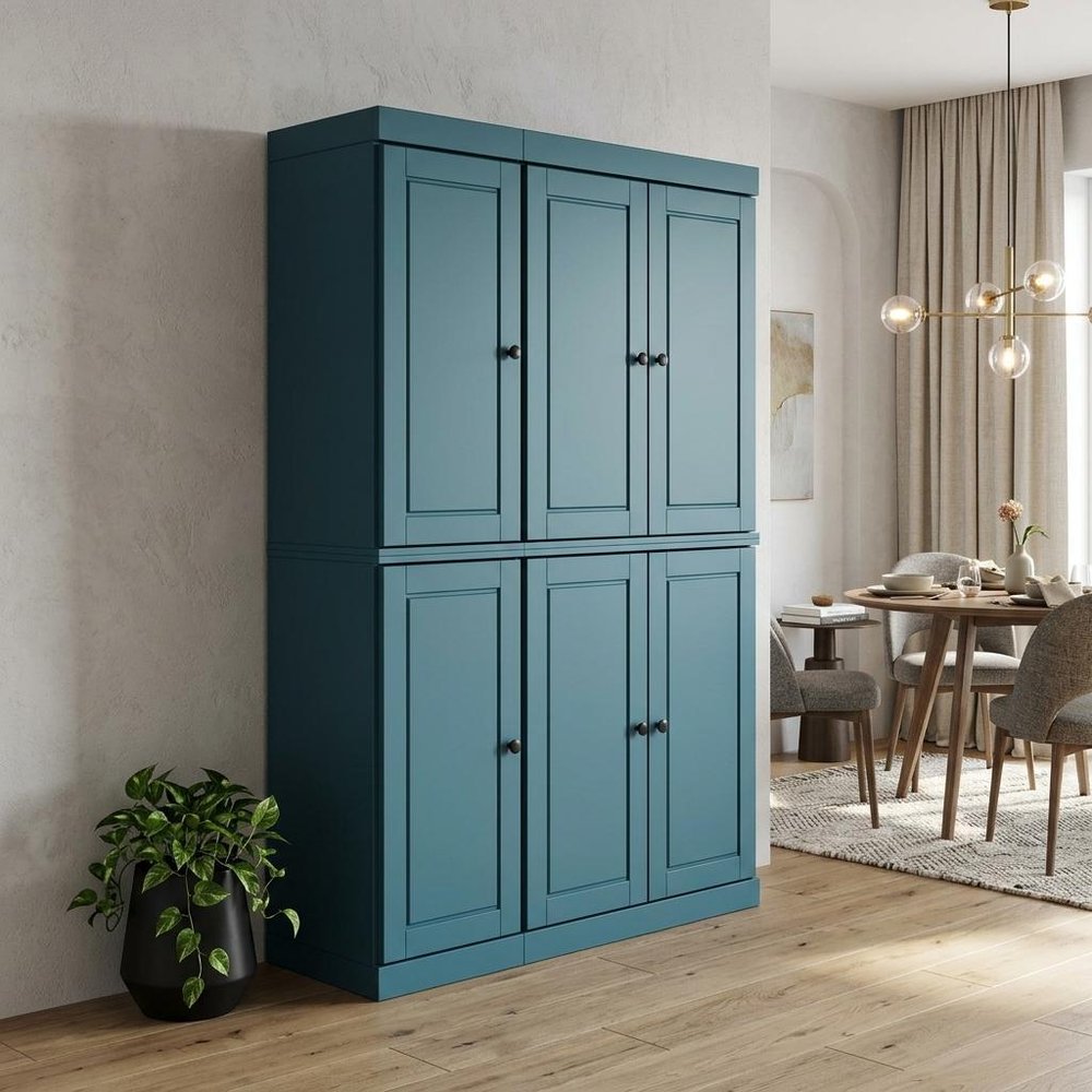 72" Teal Blue Solid Wood Six Door Two Drawer Pantry Or Storage Closet