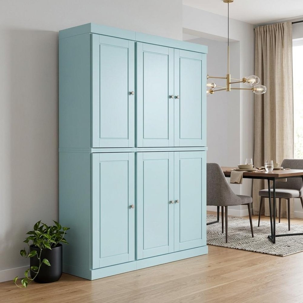 72" Aqua Solid Wood Six Door Two Drawer Pantry Or Storage Closet