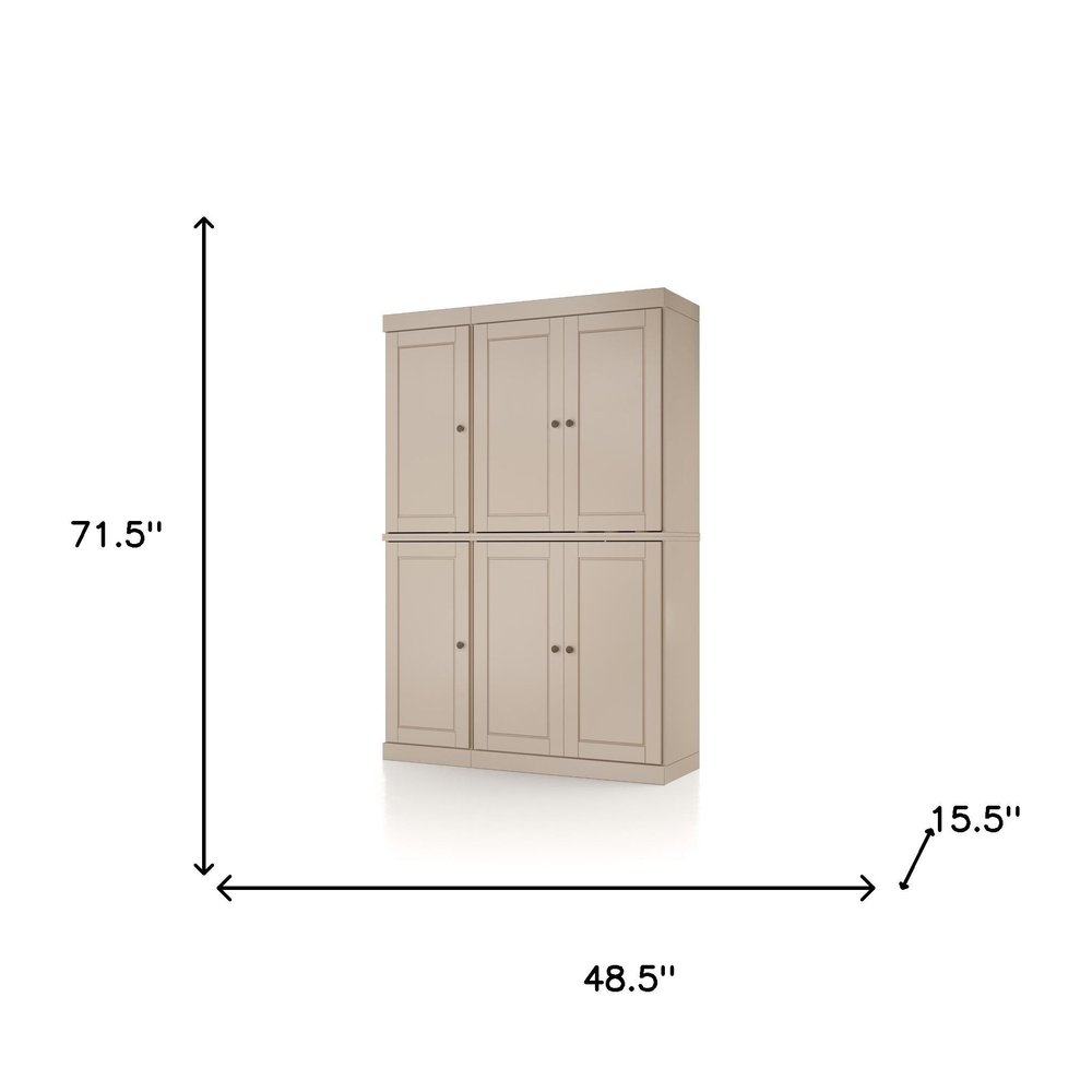 72" Beige Solid Wood Six Door Two Drawer Pantry Or Storage Closet