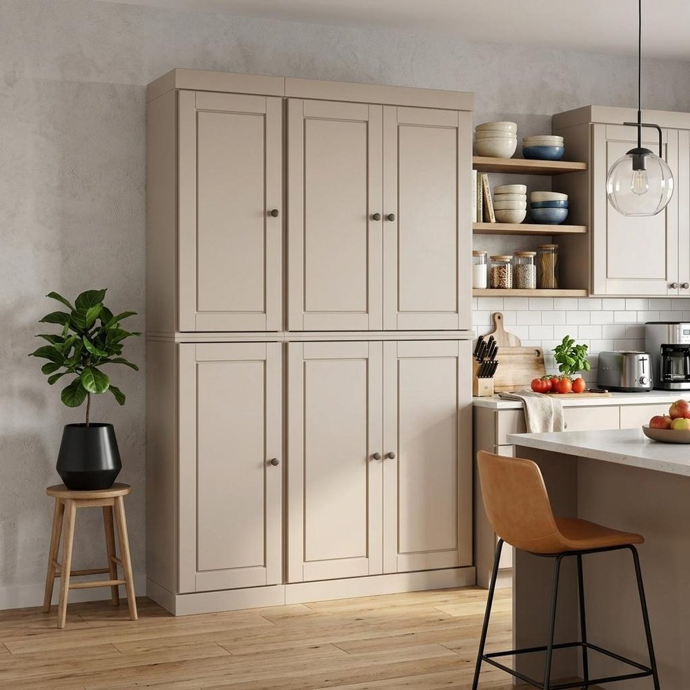 72" Beige Solid Wood Six Door Two Drawer Pantry Or Storage Closet