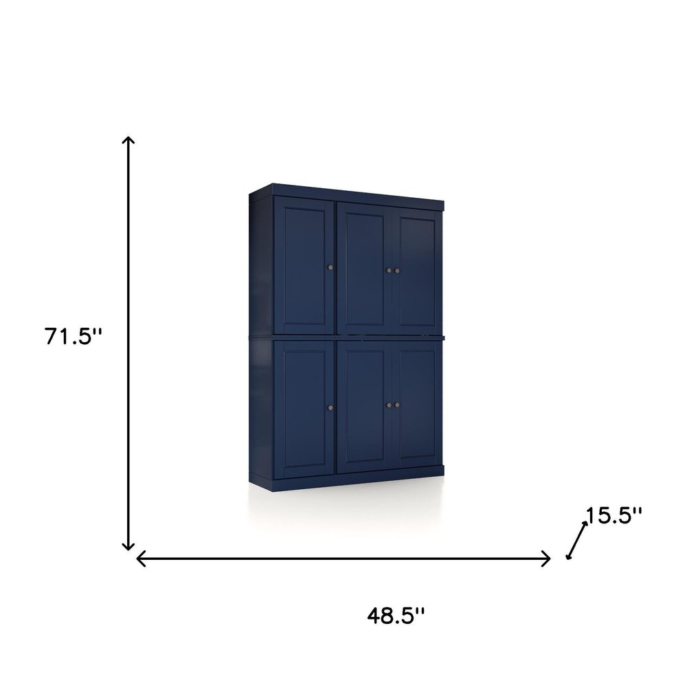 72" Navy Blue Solid Wood Six Door Two Drawer Pantry Or Storage Closet