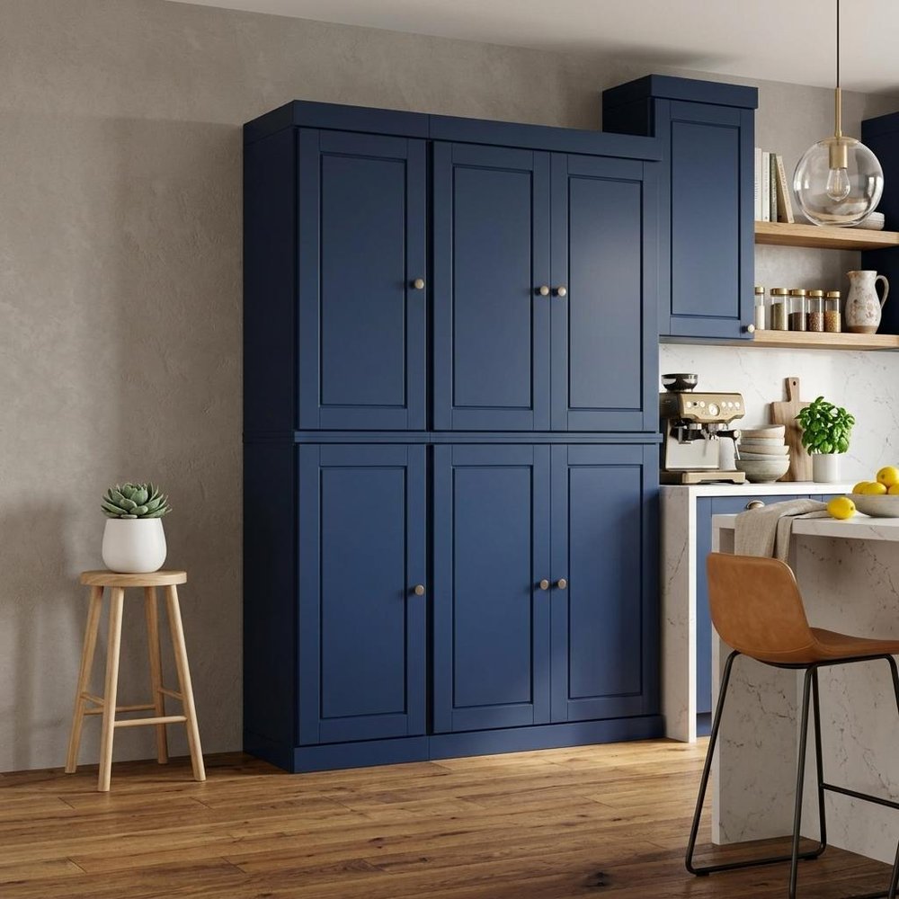 72" Navy Blue Solid Wood Six Door Two Drawer Pantry Or Storage Closet