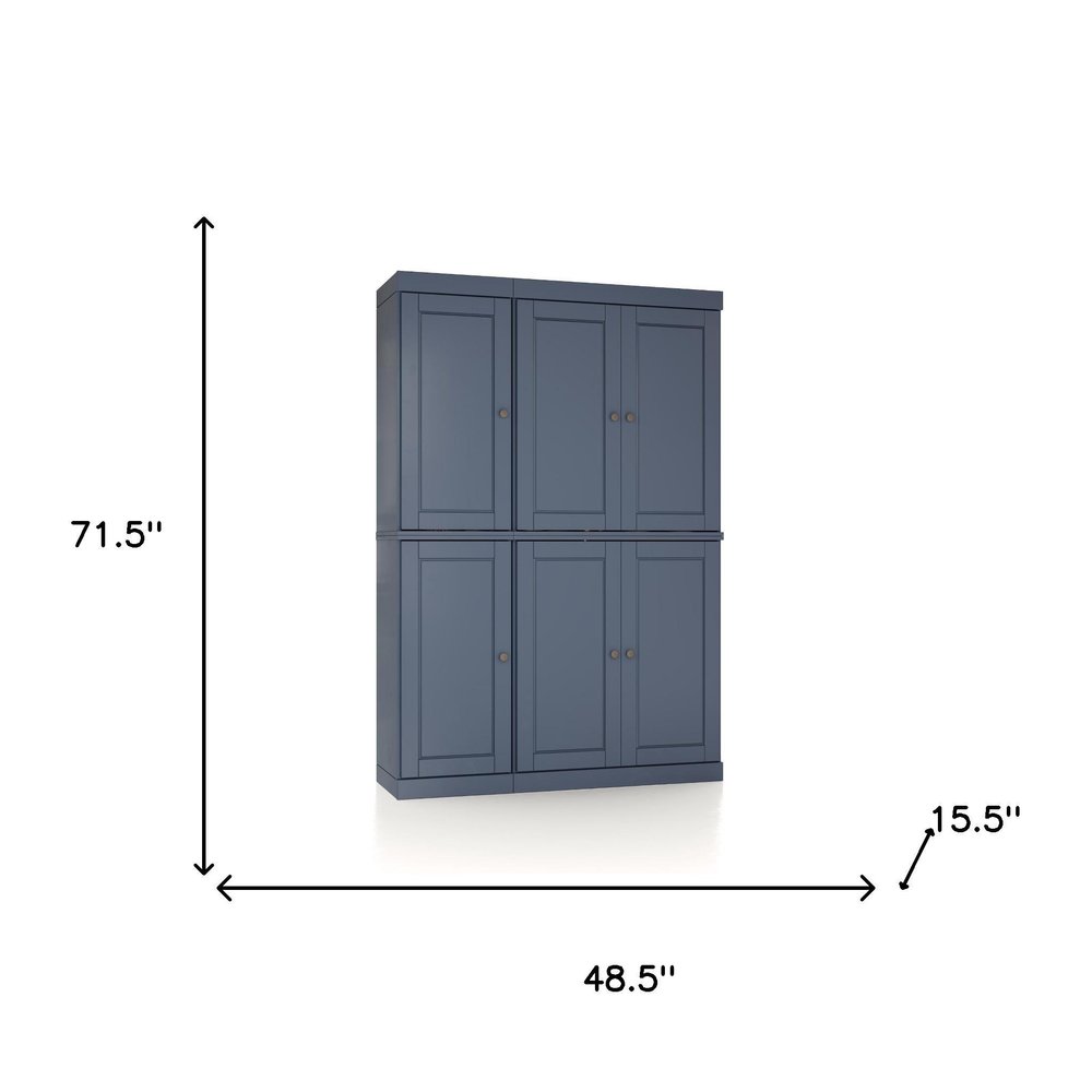72" French Blue Solid Wood Six Door Two Drawer Pantry Or Storage Closet