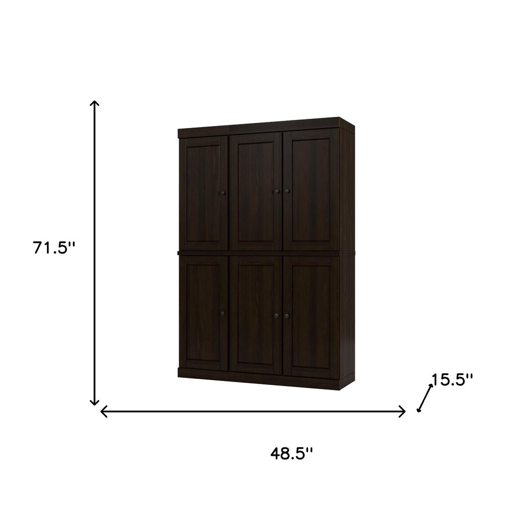72" Espresso Solid Wood Six Door Two Drawer Pantry Or Storage Closet