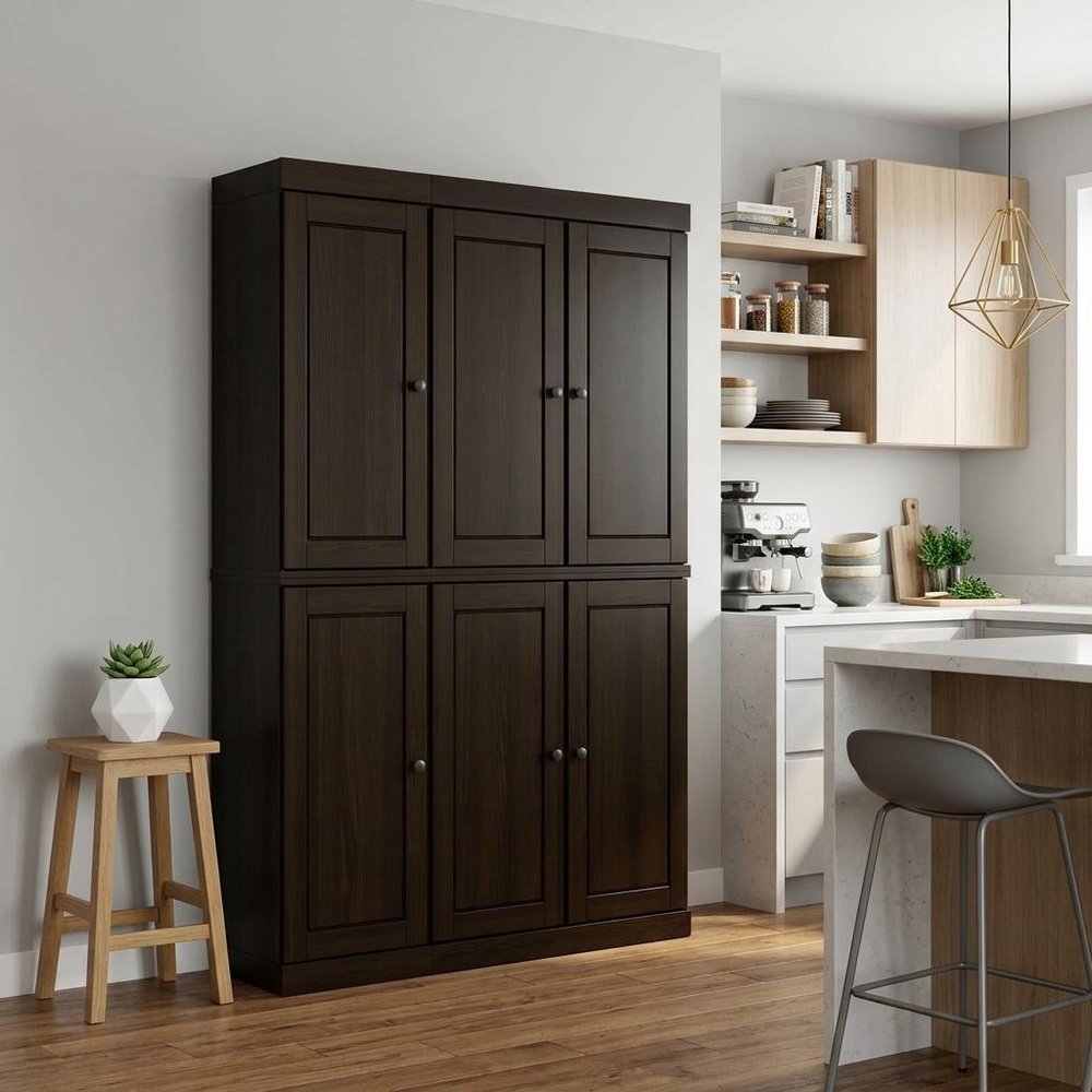 72" Espresso Solid Wood Six Door Two Drawer Pantry Or Storage Closet