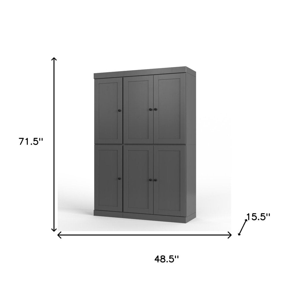 72" Gray Solid Wood Six Door Two Drawer Pantry Or Storage Closet