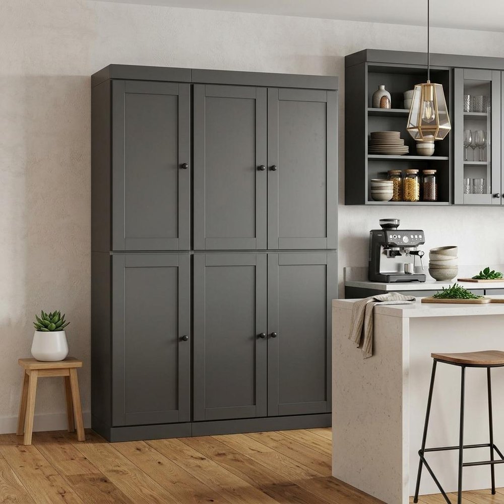72" Gray Solid Wood Six Door Two Drawer Pantry Or Storage Closet