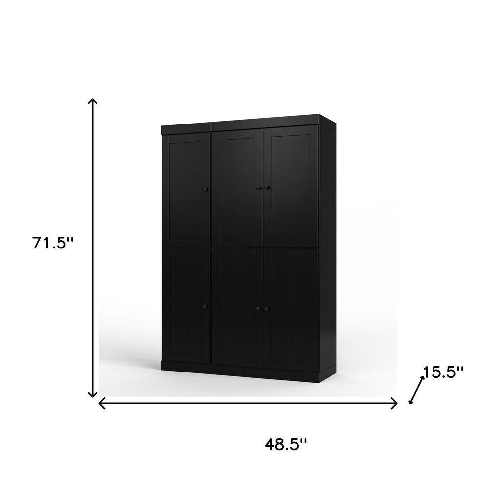 72" Black Solid Wood Six Door Two Drawer Pantry Or Storage Closet