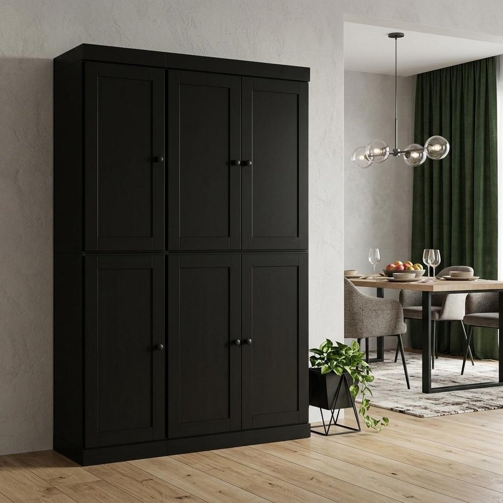 72" Black Solid Wood Six Door Two Drawer Pantry Or Storage Closet