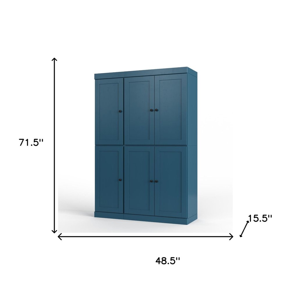 72" Teal Blue Solid Wood Six Door Two Drawer Pantry Or Storage Closet