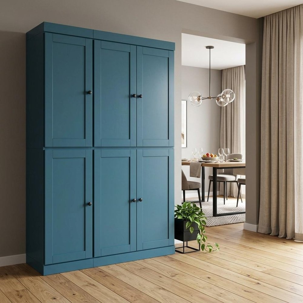 72" Teal Blue Solid Wood Six Door Two Drawer Pantry Or Storage Closet
