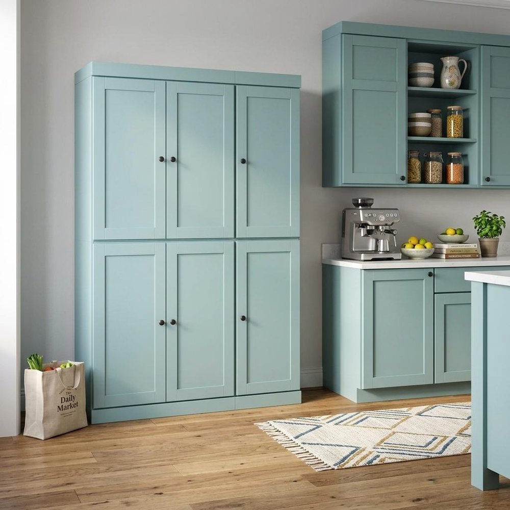72" Aqua Solid Wood Six Door Two Drawer Pantry Or Storage Closet