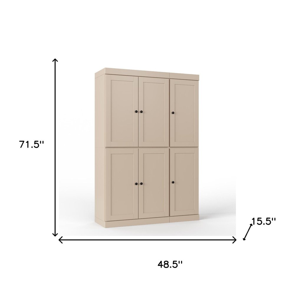 72" Beige Solid Wood Six Door Two Drawer Pantry Or Storage Closet