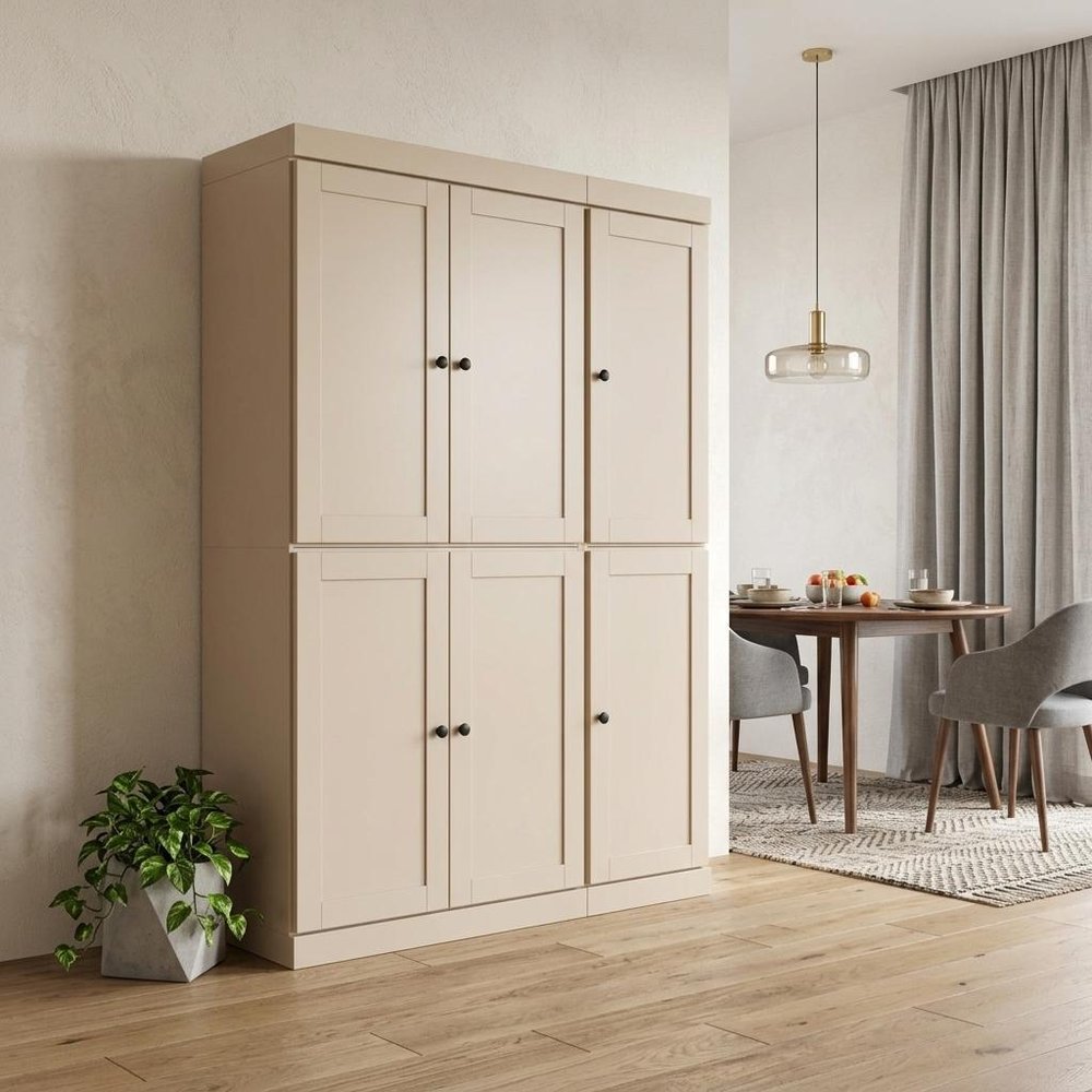 72" Beige Solid Wood Six Door Two Drawer Pantry Or Storage Closet