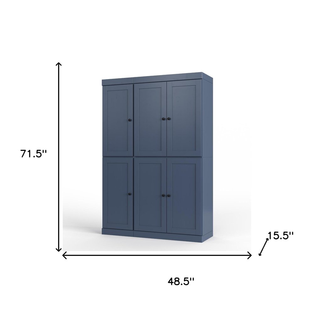 72" French Blue Solid Wood Six Door Two Drawer Pantry Or Storage Closet