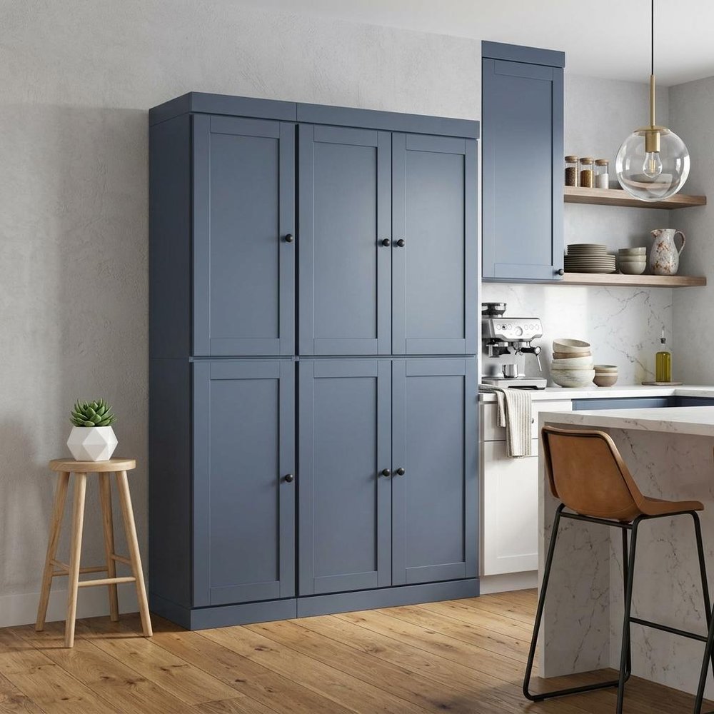 72" French Blue Solid Wood Six Door Two Drawer Pantry Or Storage Closet