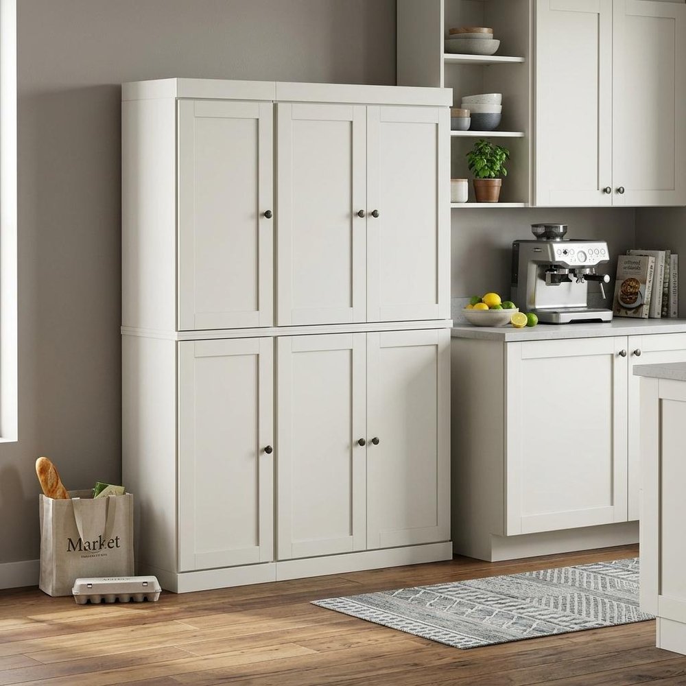 72" Off White Solid Wood Six Door Two Drawer Pantry Or Storage Closet