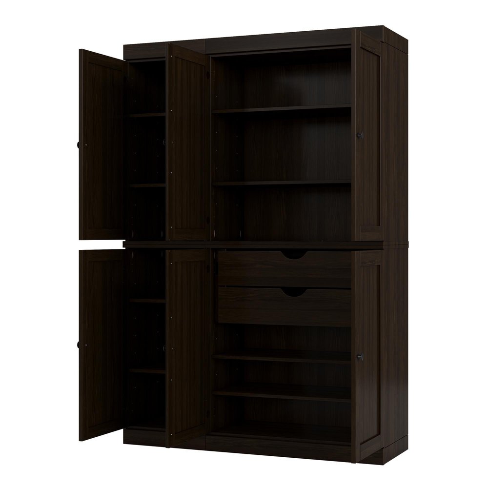 72" Espresso Solid Wood Six Door Two Drawer Pantry Or Storage Closet