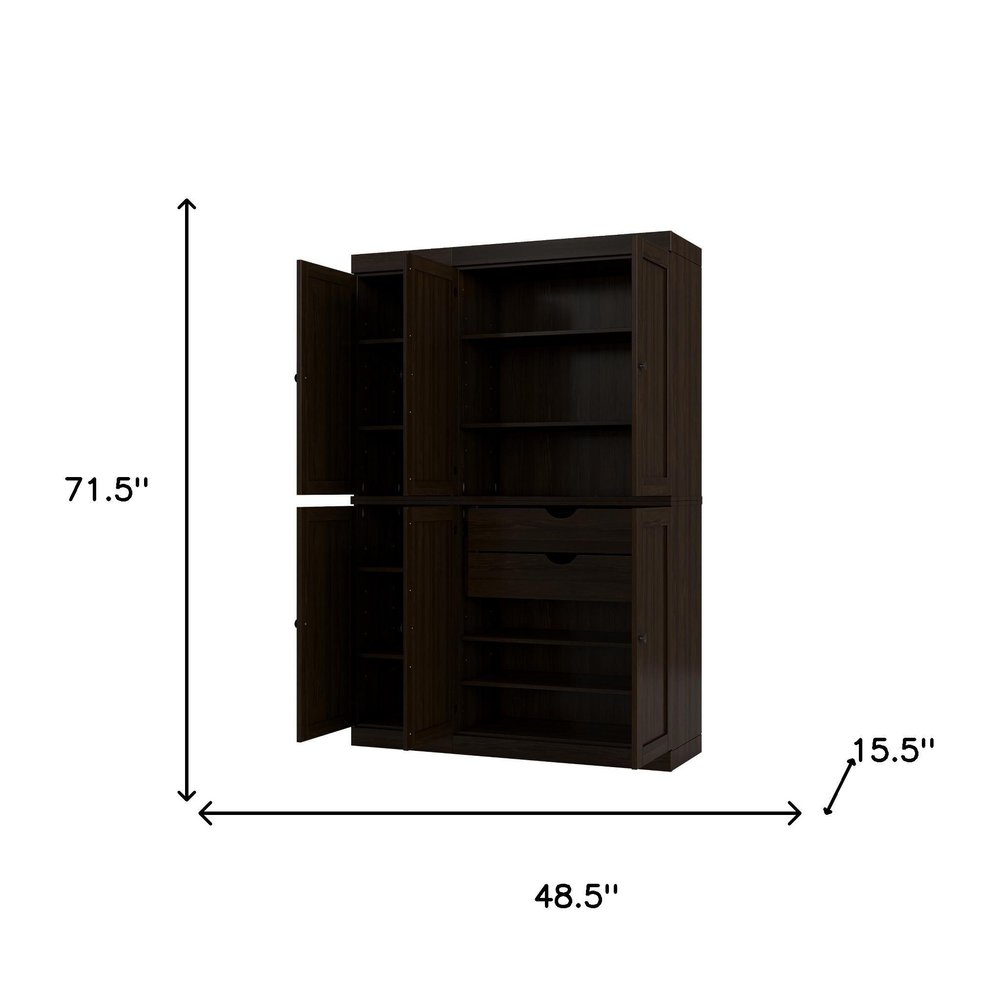 72" Espresso Solid Wood Six Door Two Drawer Pantry Or Storage Closet