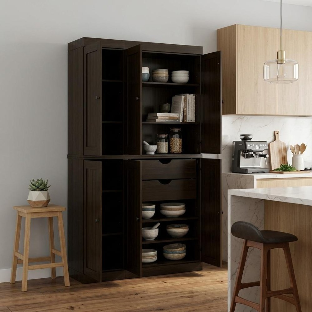 72" Espresso Solid Wood Six Door Two Drawer Pantry Or Storage Closet