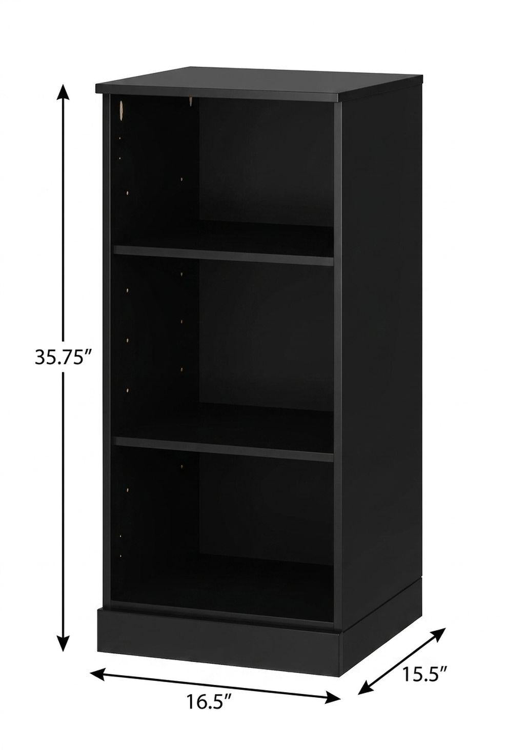 36" Black Solid Wood Adjustable Three Tier Library Bookcase