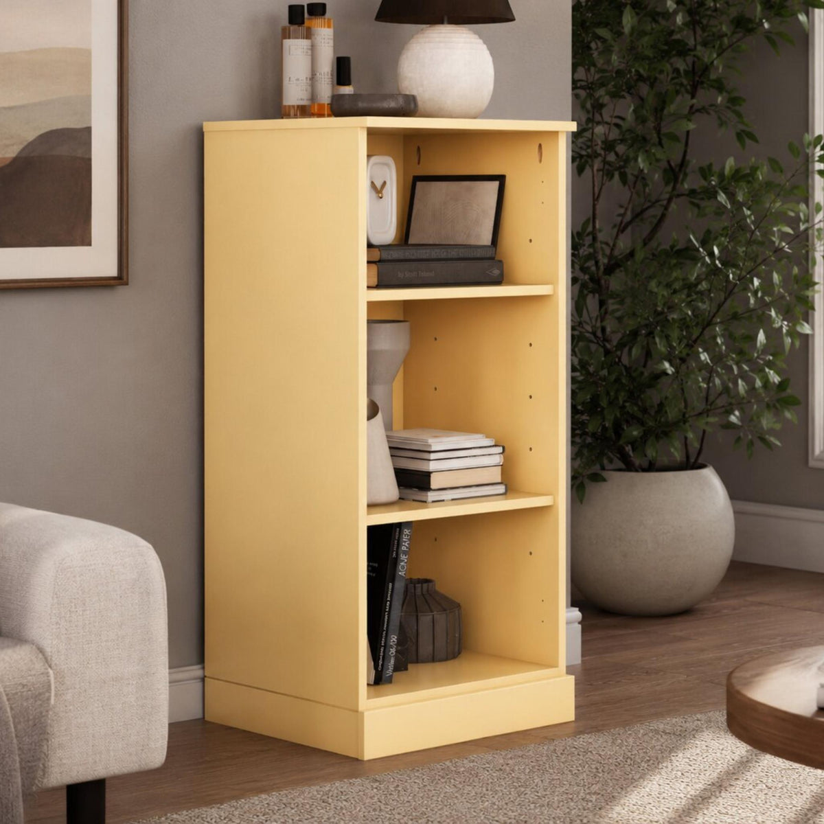 36" Yellow Solid Wood Adjustable Three Tier Library Bookcase