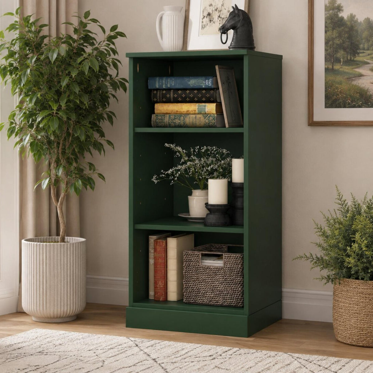 36" Green Solid Wood Adjustable Three Tier Library Bookcase