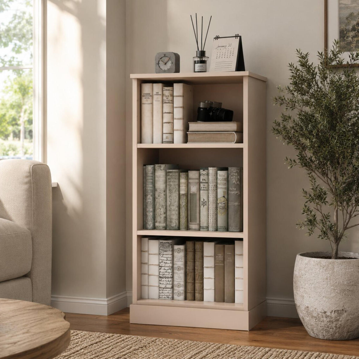 36" Beige Solid Wood Adjustable Three Tier Library Bookcase