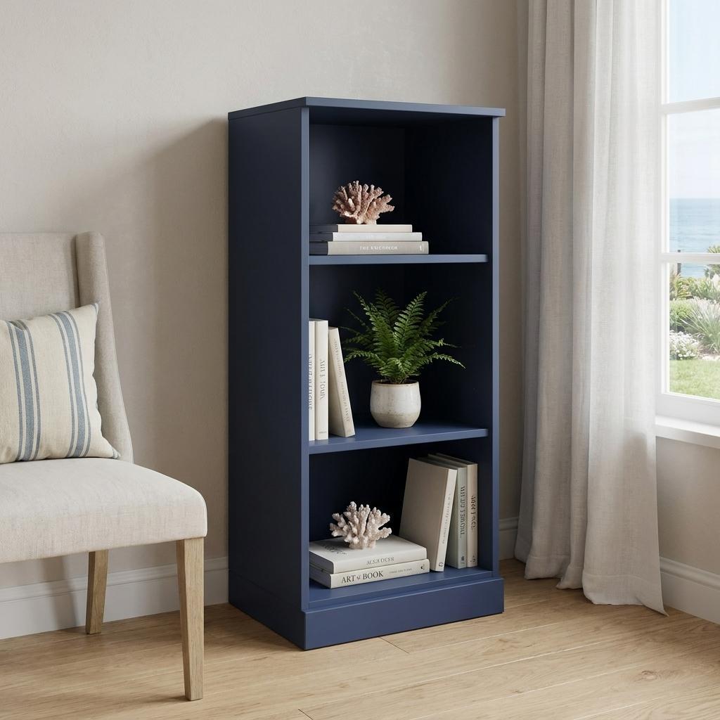 36" Navy Blue Solid Wood Adjustable Three Tier Library Bookcase