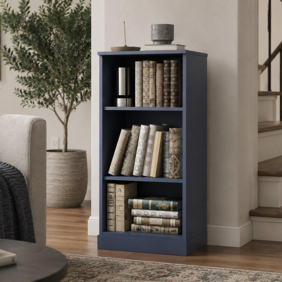 36" French Blue Solid Wood Adjustable Three Tier Library Bookcase