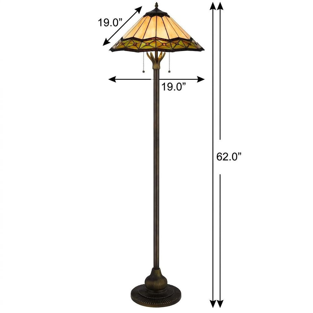 62" Bronze Metal Two Light Floor Lamp With Bone Green And Orange Abstract Tiffany Glass Empire Shade