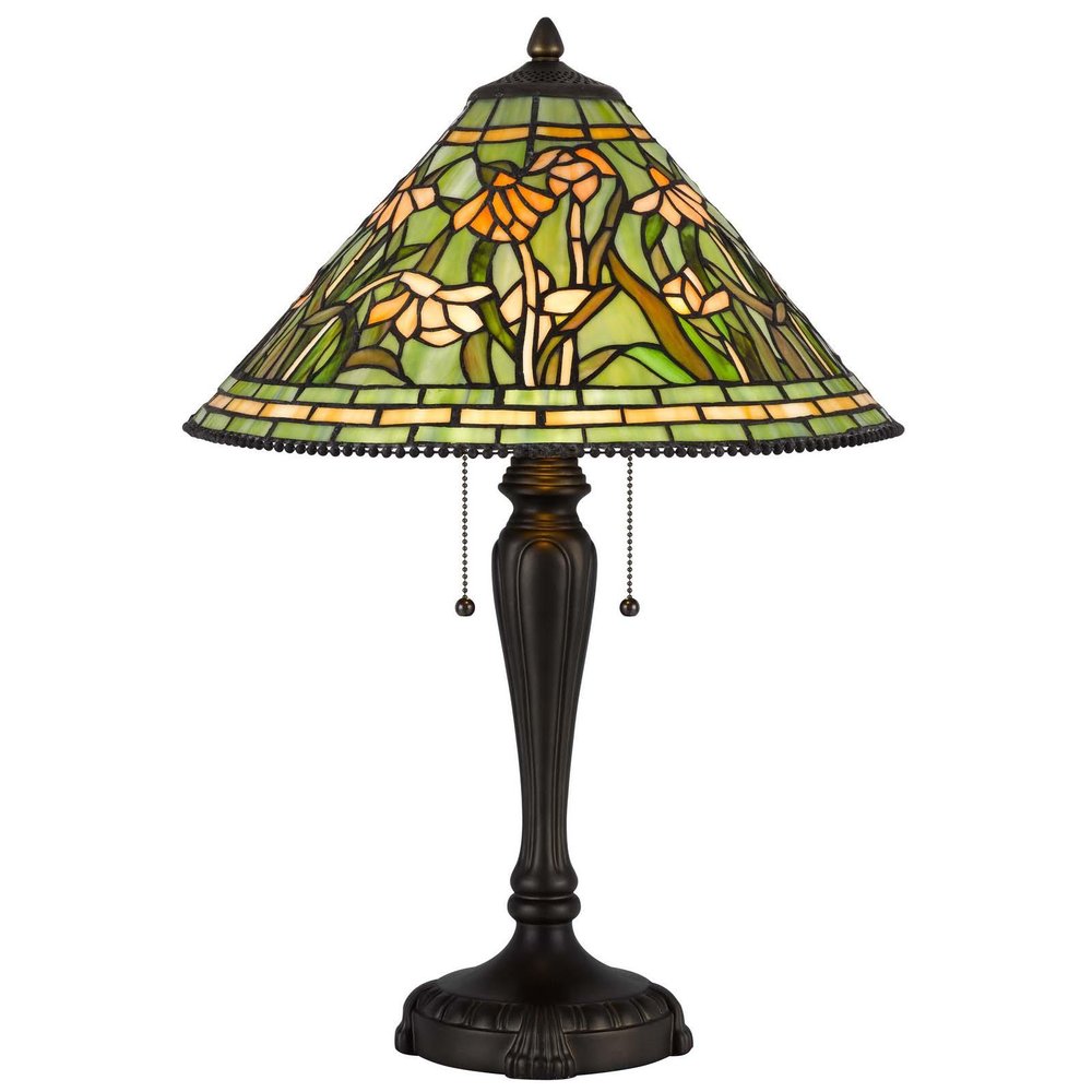 24" Bronze Flowers Two Light Round Tiffany Lamp With Dome Shade