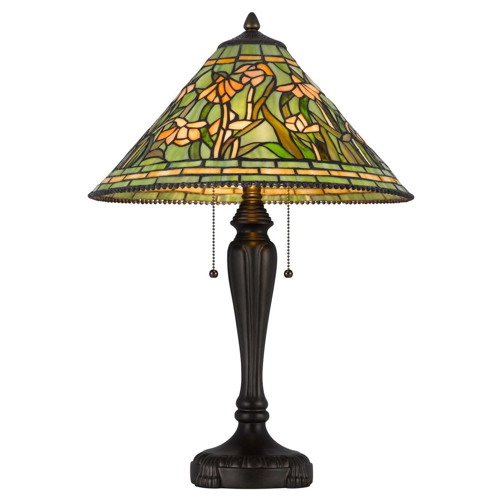 24" Bronze Flowers Two Light Round Tiffany Lamp With Dome Shade