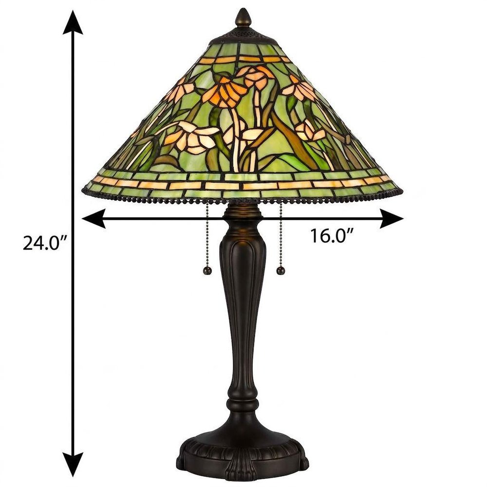 24" Bronze Flowers Two Light Round Tiffany Lamp With Dome Shade