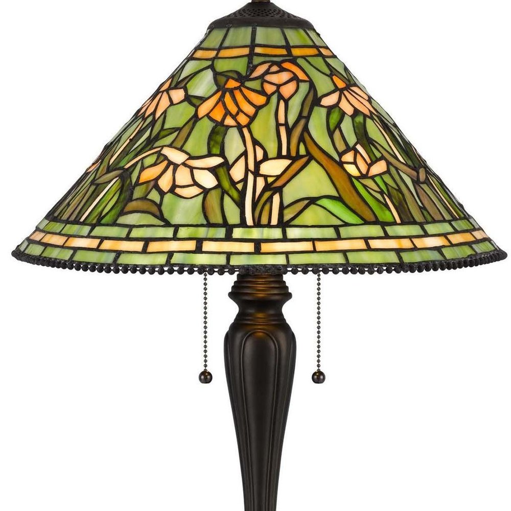 24" Bronze Flowers Two Light Round Tiffany Lamp With Dome Shade