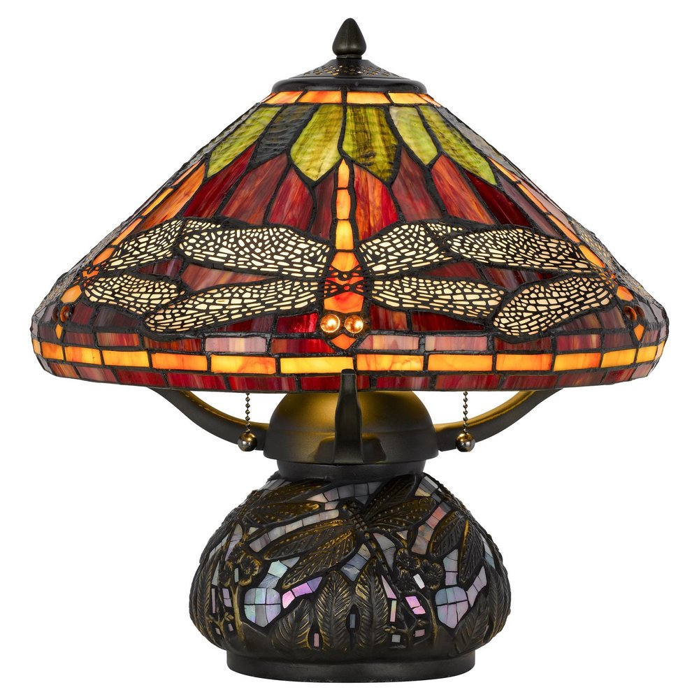 17" Bronze Dragonfly Two Light Round Animals Tiffany Lamp With Empire Shade
