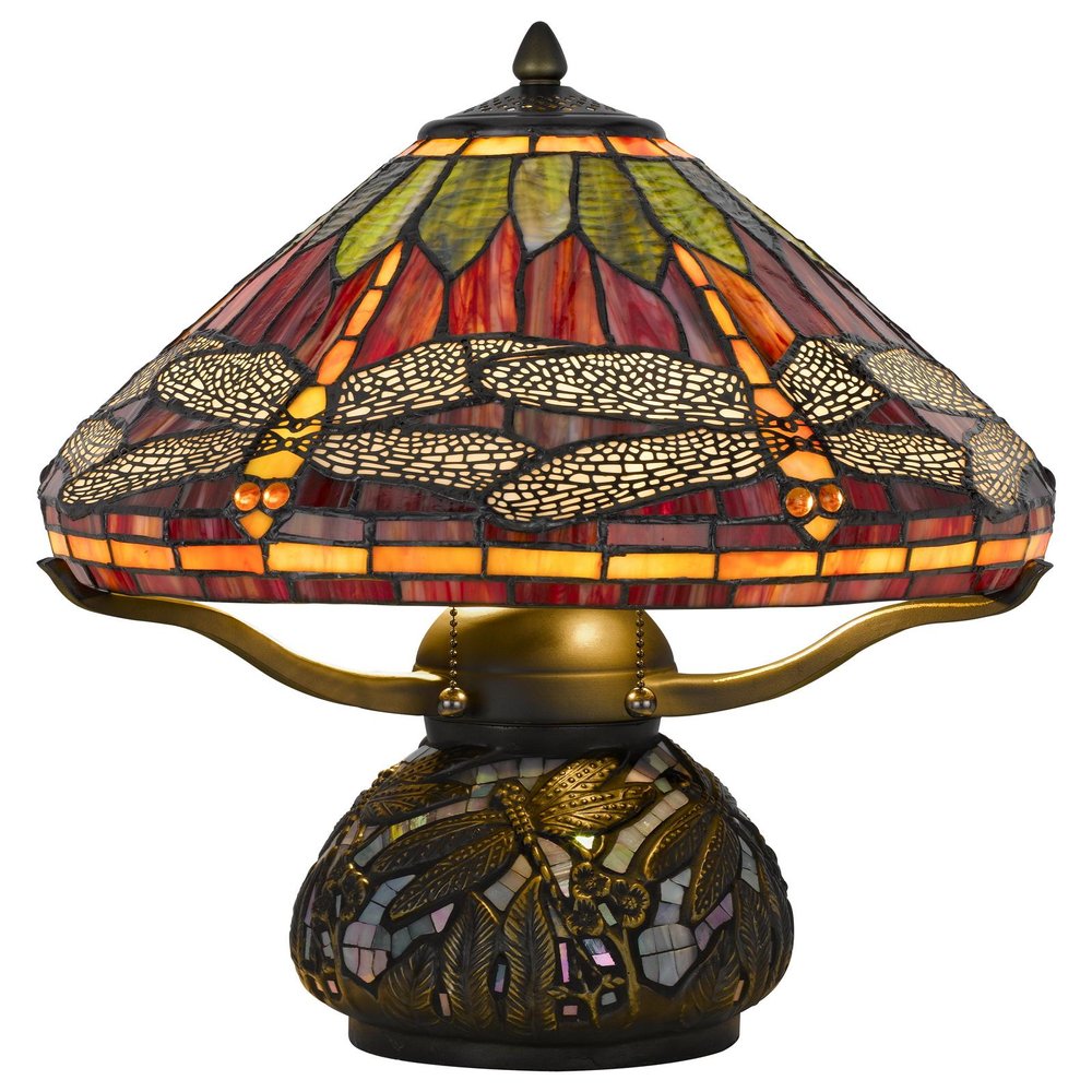 17" Bronze Dragonfly Two Light Round Animals Tiffany Lamp With Empire Shade