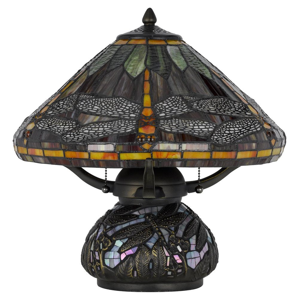 17" Bronze Dragonfly Two Light Round Animals Tiffany Lamp With Empire Shade