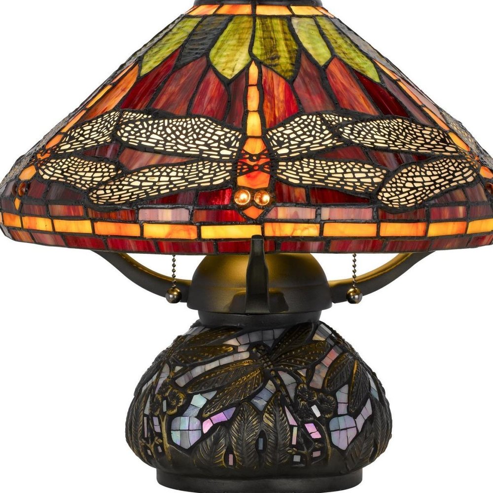 17" Bronze Dragonfly Two Light Round Animals Tiffany Lamp With Empire Shade