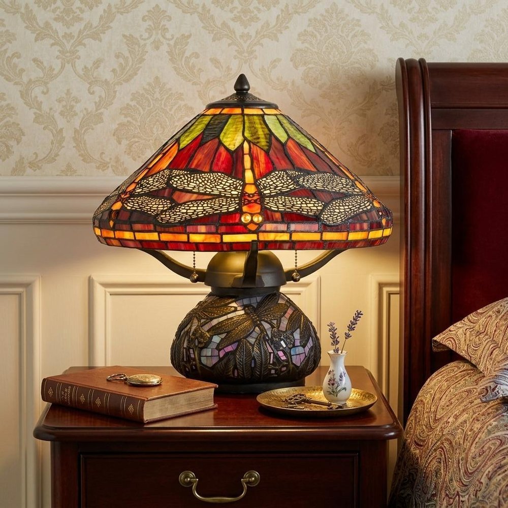 17" Bronze Dragonfly Two Light Round Animals Tiffany Lamp With Empire Shade