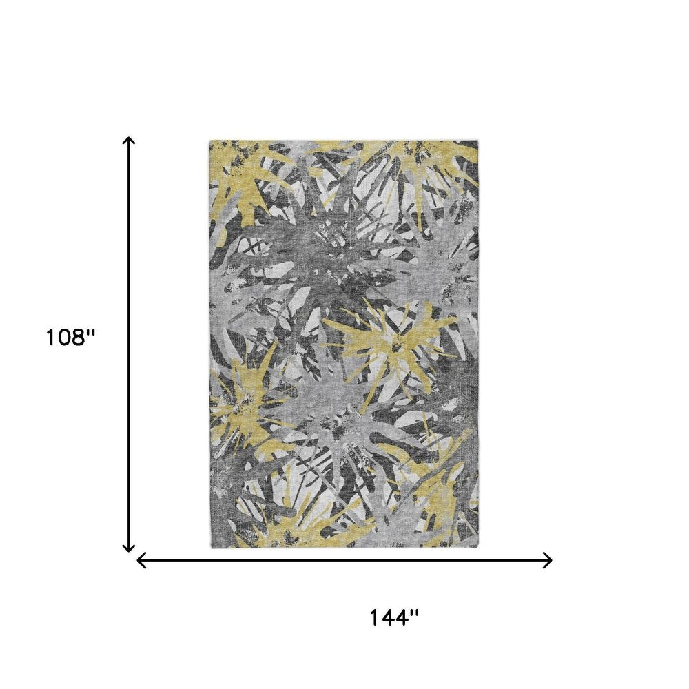 9' X 12' Yellow And Gray Abstract Shag Washable Area Rug With UV Protection