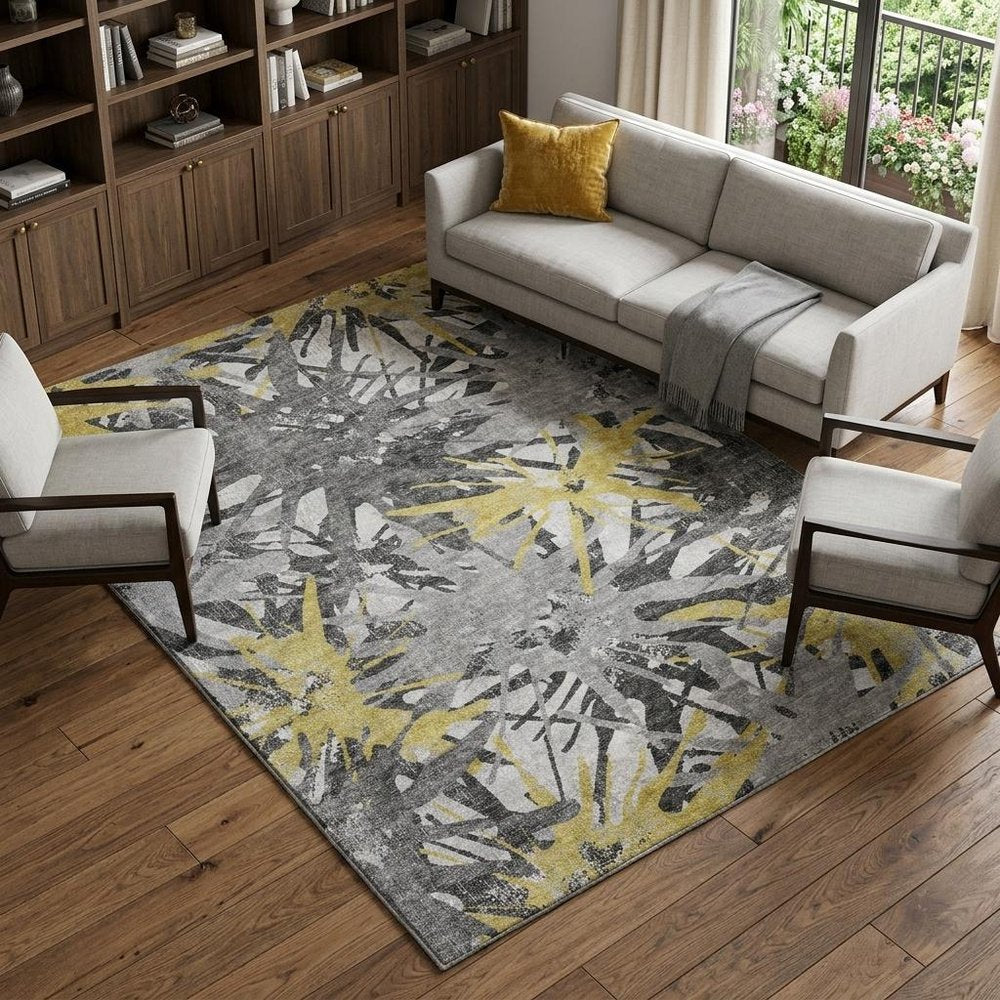 9' X 12' Yellow And Gray Abstract Shag Washable Area Rug With UV Protection