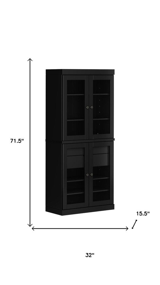 72" Black Solid Wood Four Door Two Drawer Pantry Or Storage Closet