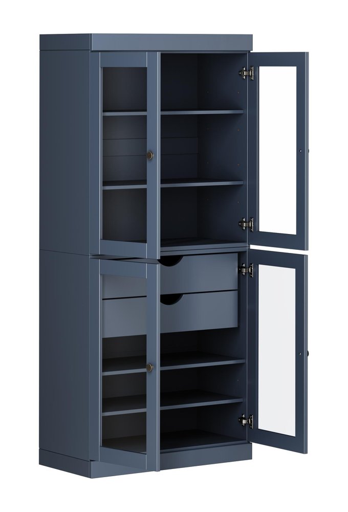 72" French Blue Solid Wood Four Door Two Drawer Pantry Or Storage Closet