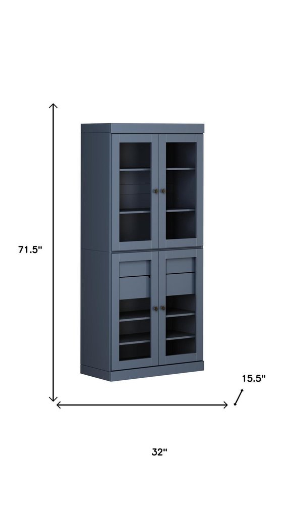 72" French Blue Solid Wood Four Door Two Drawer Pantry Or Storage Closet