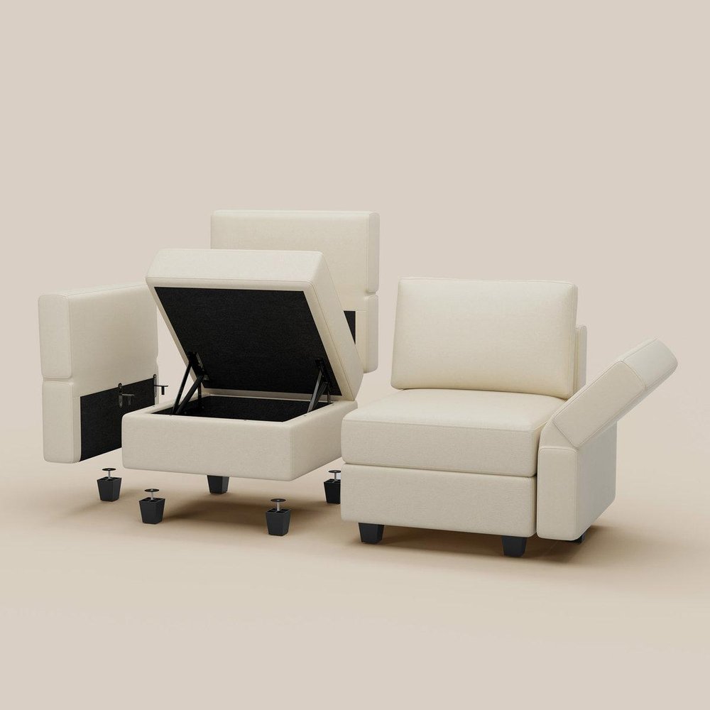 26" Beige Faux Leather Lounge Chair With Storage