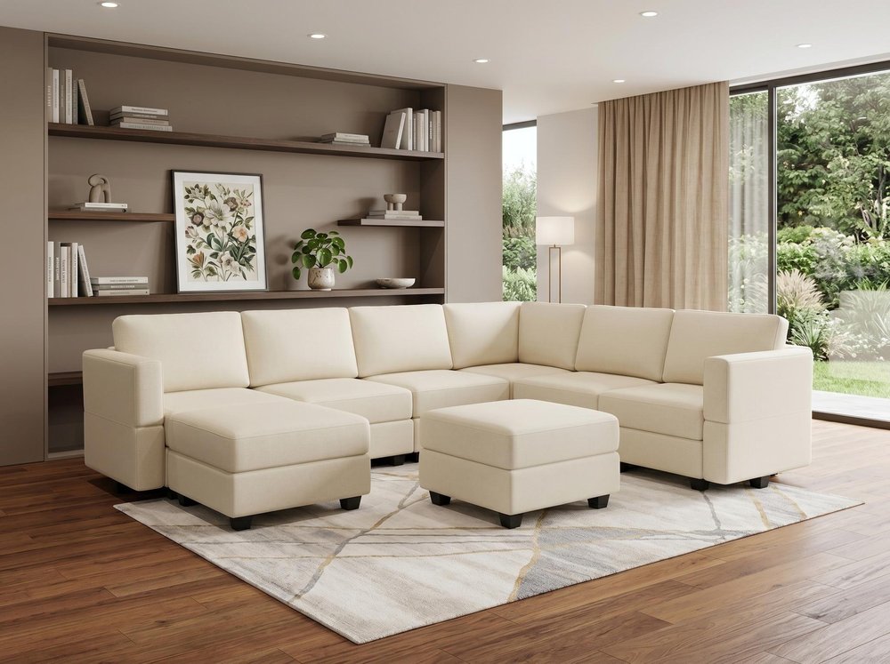 Beige Faux Leather Modular U Shaped Nine Piece Corner Sectional